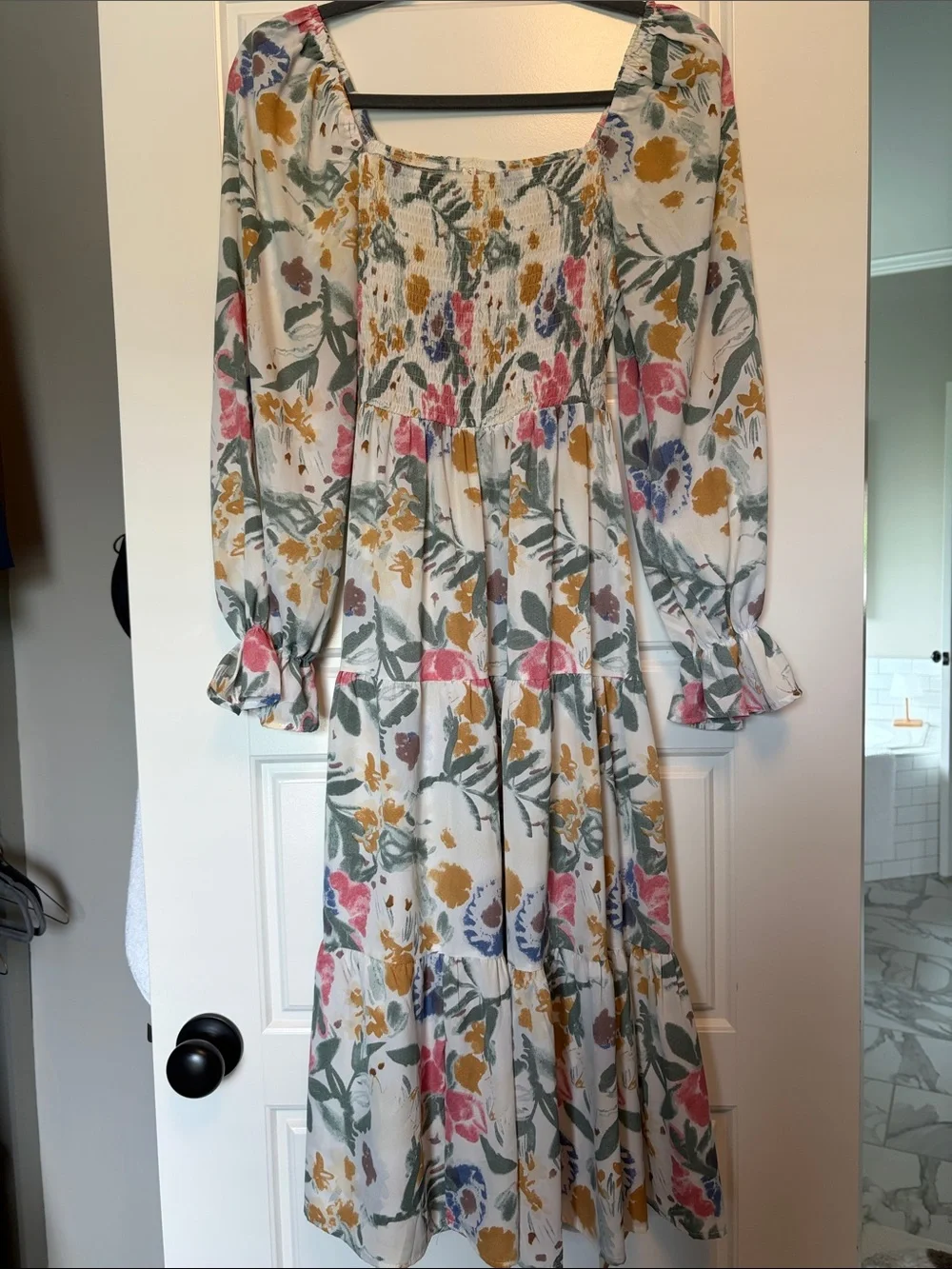 Floral Smocked Maxi Dress in Cream with Pink & Mustard